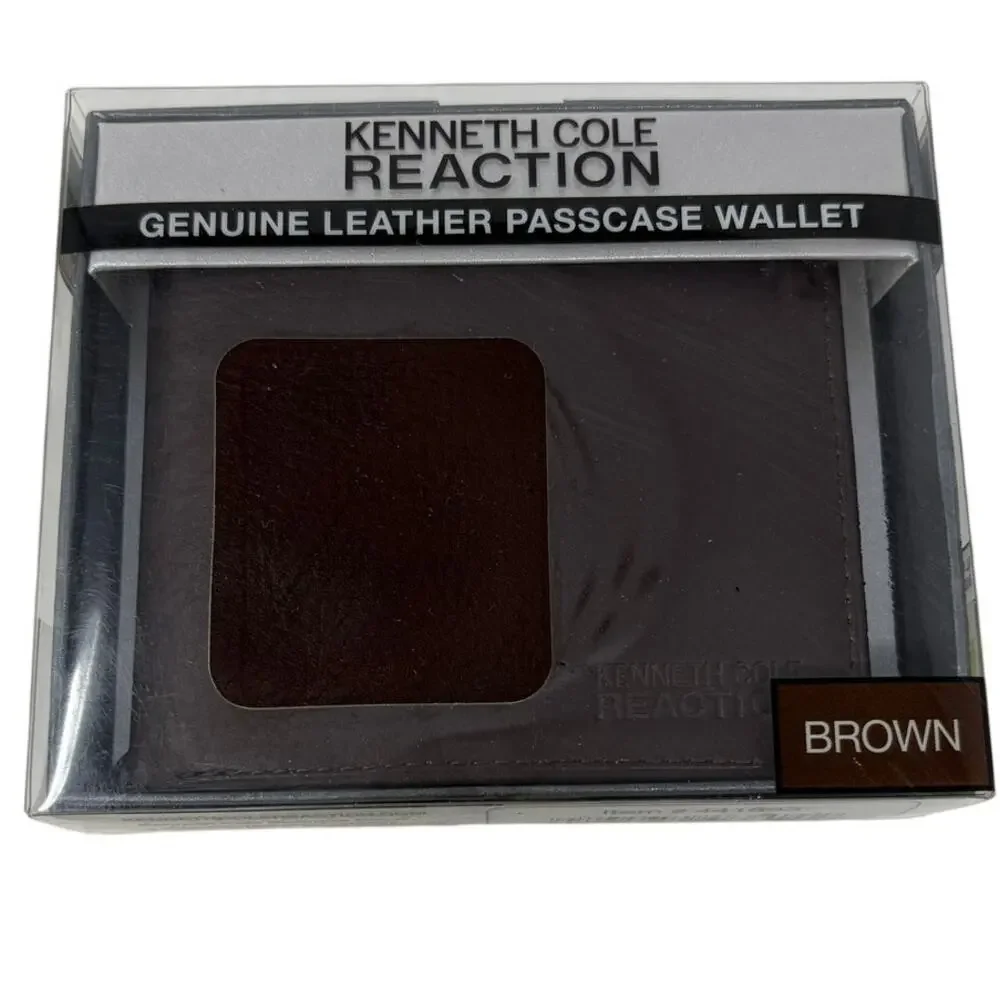 Kenneth Cole Reaction Brown Genuine Leather Passcase Wallet ID Card Holder NEW